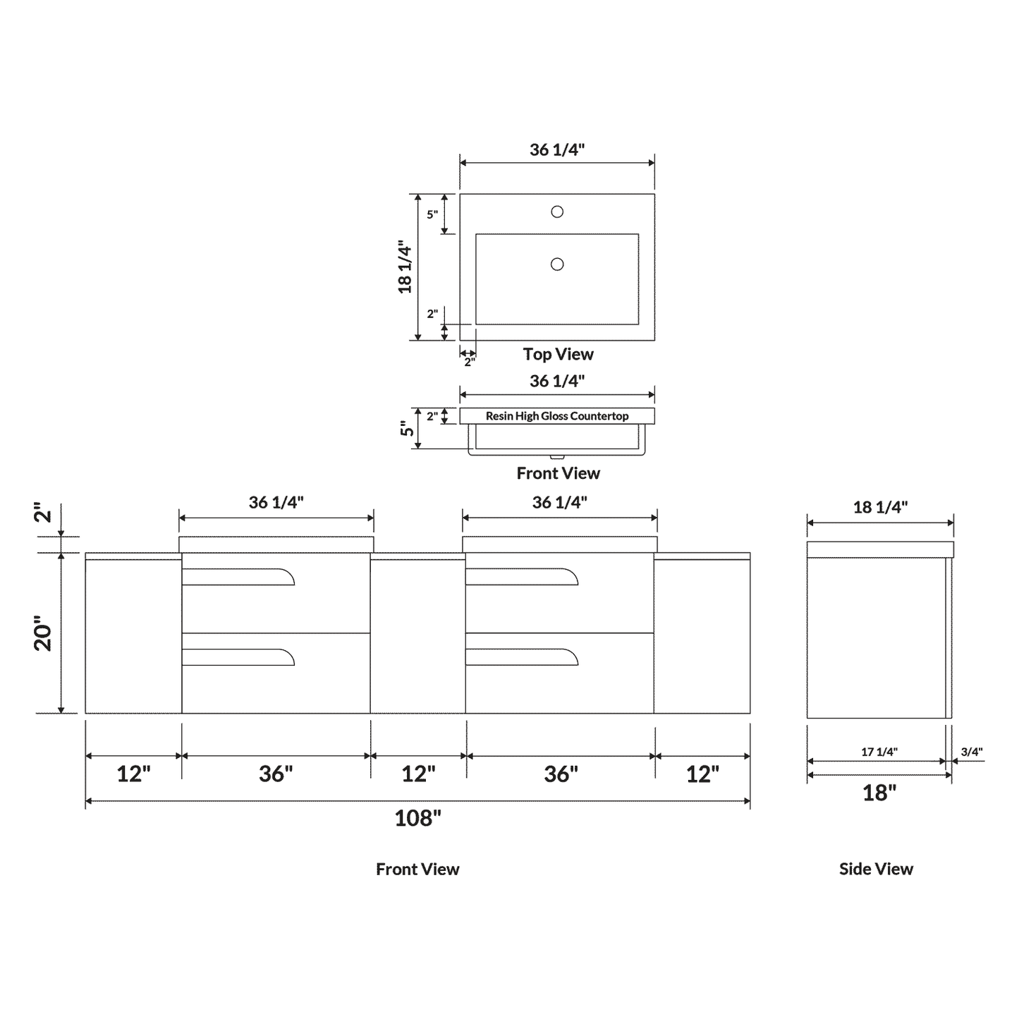 108" Wall-Mount White Vanity Set with Two Sinks (LV7-C21W-108W) Style 7 - AAADistributor.com