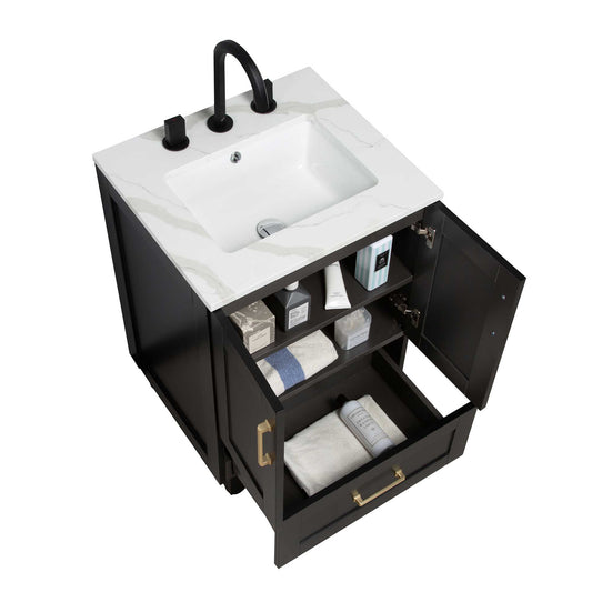24’’ Freestanding Single Bathroom Vanity in Black with Quartz Stone Countertop - Bathroom Vanities