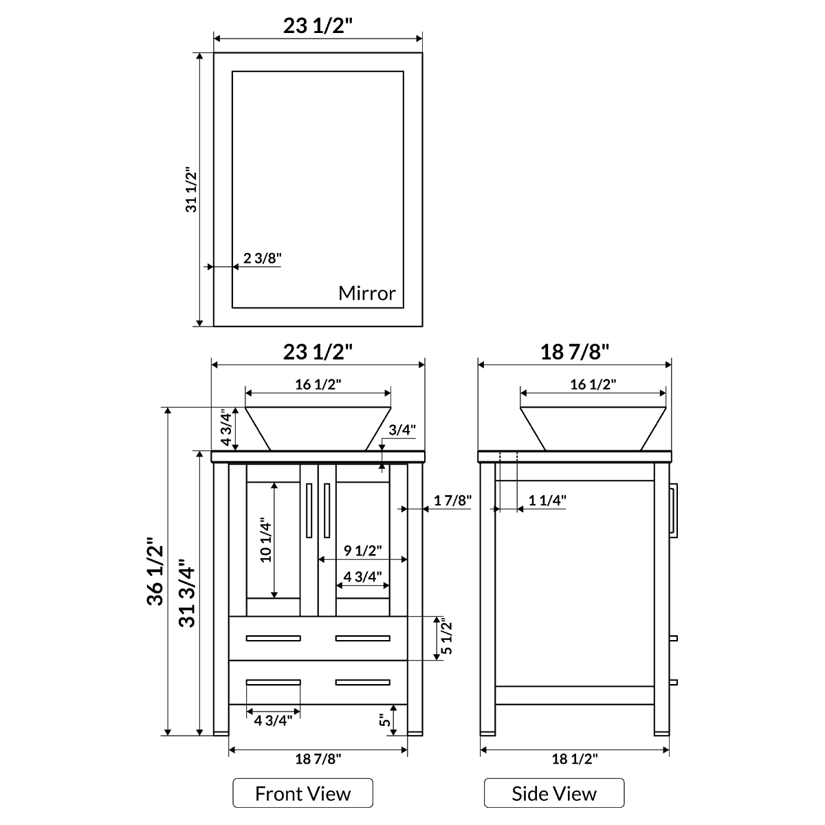 24" Modern Vanity Sink Base with Mirror and Vessel Sink (White)
