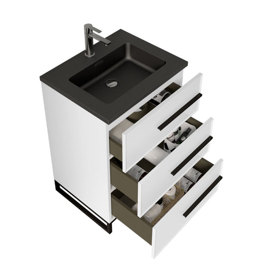 24’’ W Freestanding Single Bathroom Vanity in White Gloss with Matte Black Integrated Sink LV15B-24W - Bathroom Vanities