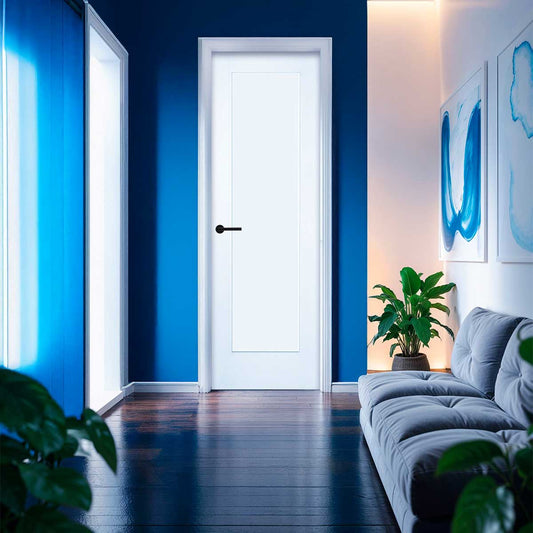 28 in. x 80 in. 1-Panel Shaker Solid Core Primed White MDF Prehung Interior Door with Black Hinges - Interior Doors