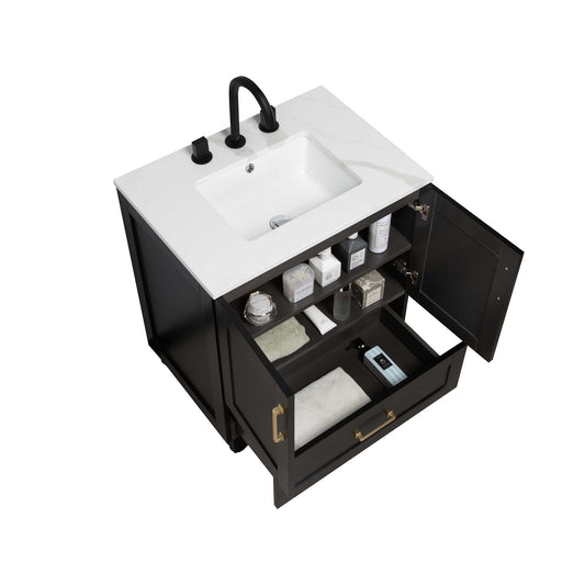 30’’ Freestanding Bathroom Black Vanity with Quartz Countertop - Bathroom Vanities