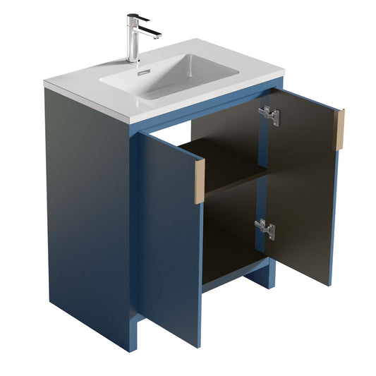 30’’ Freestanding Single Bathroom Vanity in Blue with White Quartz Integrated Sink LV14-30B - Bathroom Vanities
