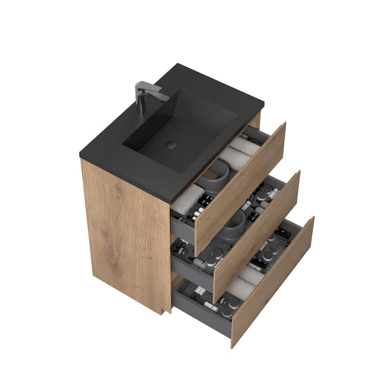 30’’ Freestanding Single Bathroom Vanity in Oak with Black Quartz Integrated Sink - Bathroom Vanities