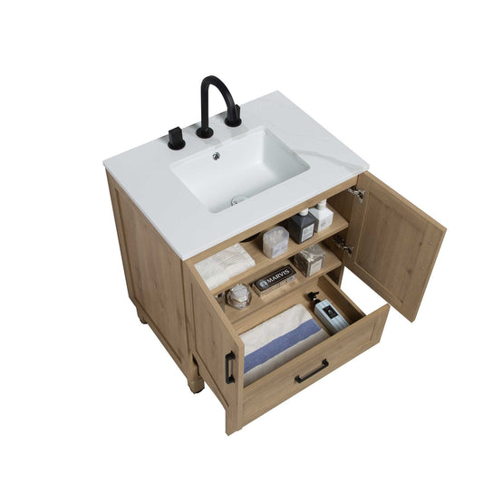 30’’ Freestanding Single Bathroom Vanity in Oak with Quartz Stone Countertop - Bathroom Vanities