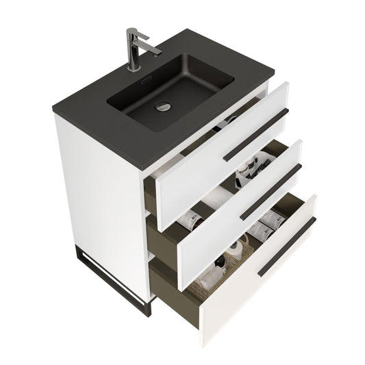 30’’ W Freestanding Single Bathroom Vanity in White Gloss with Matte Black Integrated Sink LV15B-30W - Bathroom Vanities