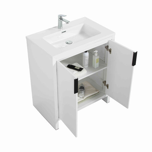 30’’ W Freestanding Single Bathroom Vanity in White Gloss with Quartz Integrated Sink LV14-30W - Bathroom Vanities