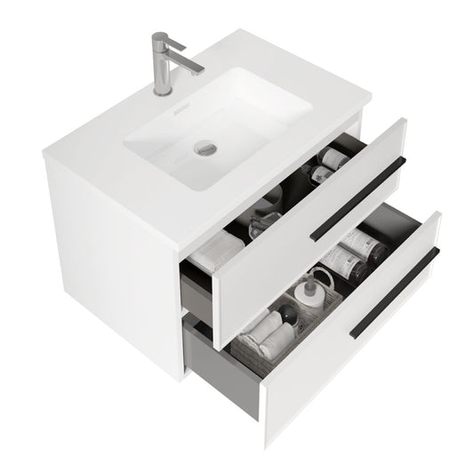 30’’ Wall Mount Single Bathroom Vanity in White Gloss with White Integrated Sink LV15W-30W - Bathroom Vanities