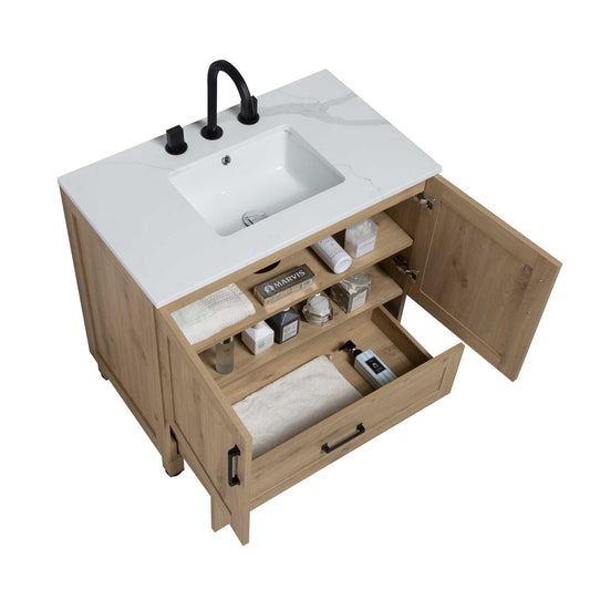 36’’ Freestanding Single Bathroom Vanity in Oak with Quartz Stone Countertop - Bathroom Vanities
