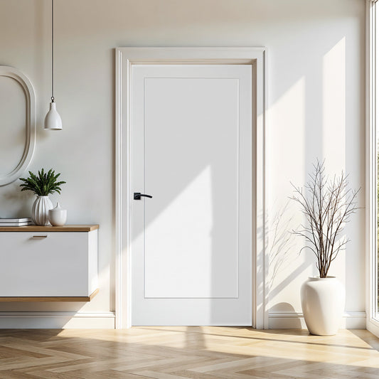 36 in. x 80 in. 1-Panel Shaker Solid Core Primed White MDF Prehung Interior Door with Black Hinges - Interior Doors