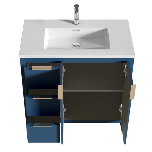 36’’W Freestanding Single Bathroom Vanity in Blue with White Quartz Integrated Sink LV14-36B - Bathroom Vanities