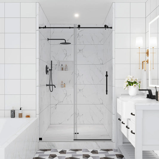 44-48 W x 76 H Sliding Frameless Shower Door ULTRA-C with Clear Glass in Matte Black - Shower Doors