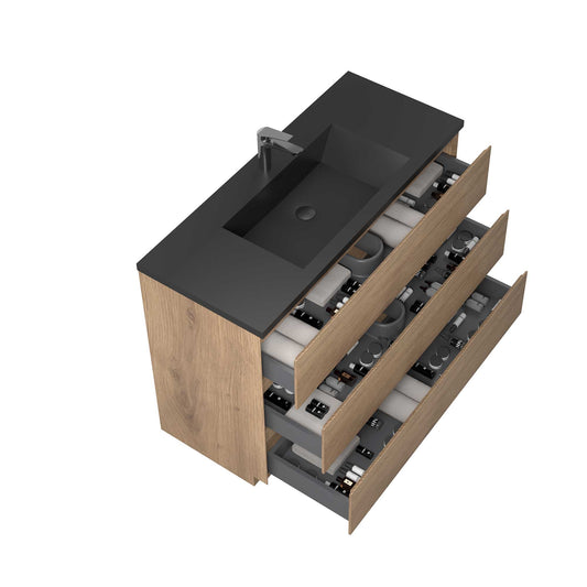 48’’ Freestanding Single Bathroom Vanity in Oak with Black Quartz Integrated Sink - Bathroom Vanities