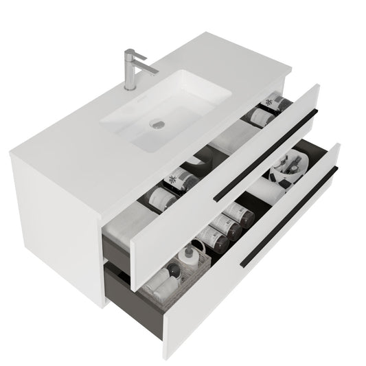 48’’ Wall Mount Single Bathroom Vanity in White Gloss with White Integrated Sink LV15W-48W - Bathroom Vanities