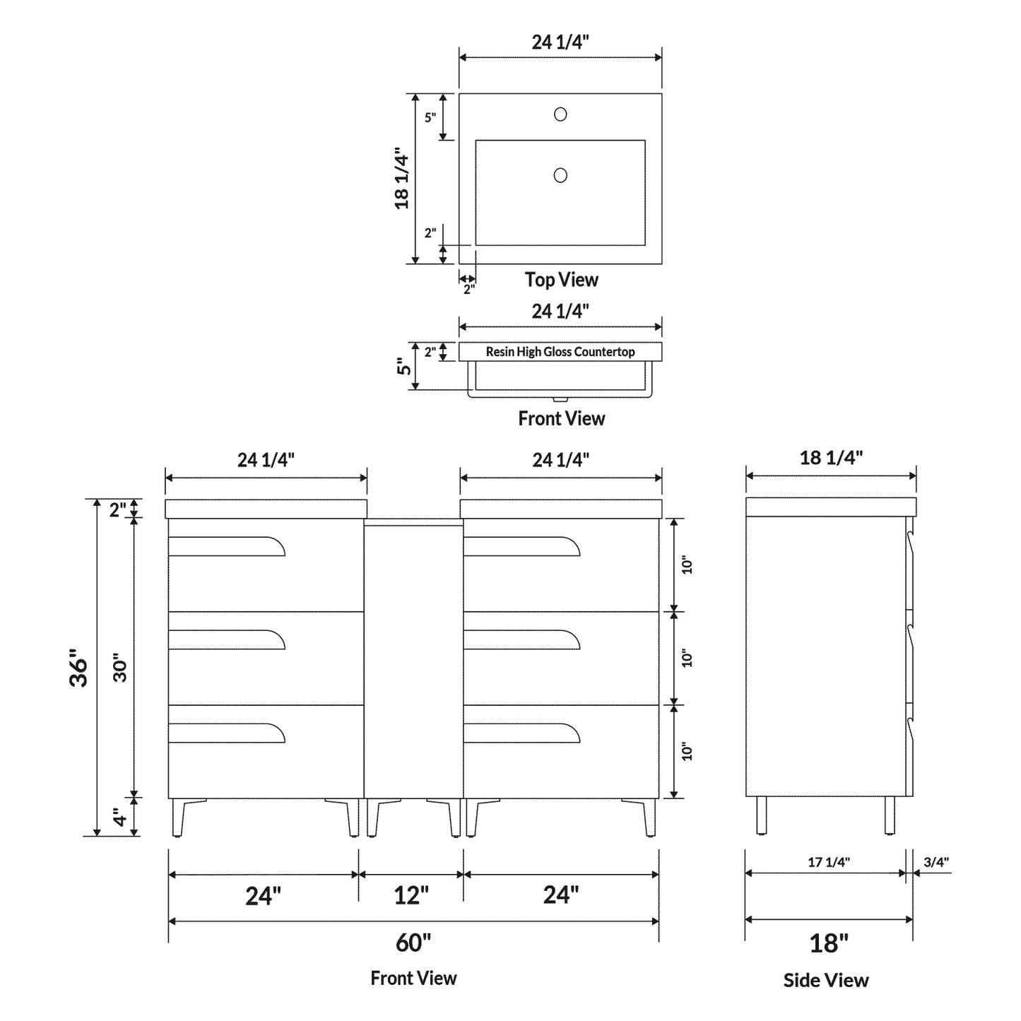 60’’ Freestanding Vanity Set in White Gloss with Two Square Sinks (LV7-C13B-60W) Style 7 - Bathroom Vanities