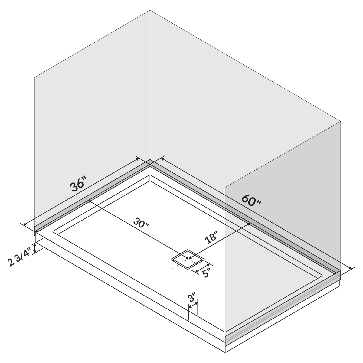 60 in x 36 in Single/Double Threshold Shower Base Pan with Center Drain - Shower Pans