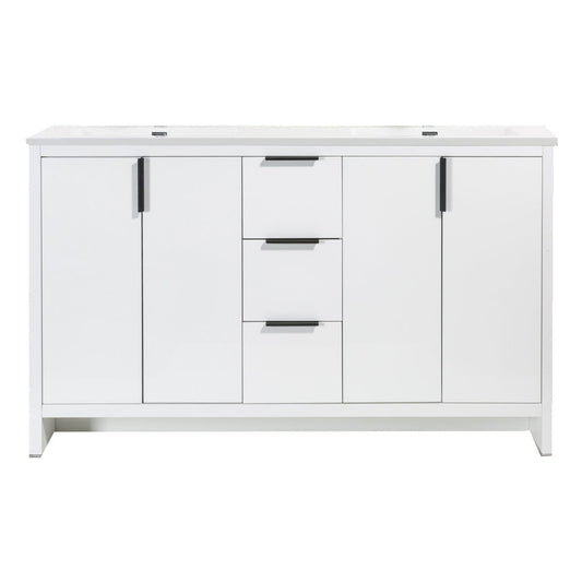 60’’ W Freestanding Double Bathroom Vanity in White Gloss with Quartz Integrated Sink LV14-60W - Bathroom Vanities