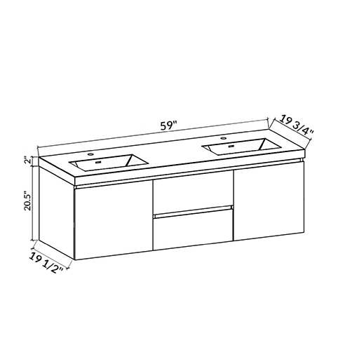 60’’ Wall Mount Double Bathroom Vanity in Oak with White Integrated Double Sink LV13-60D - Bathroom Vanities