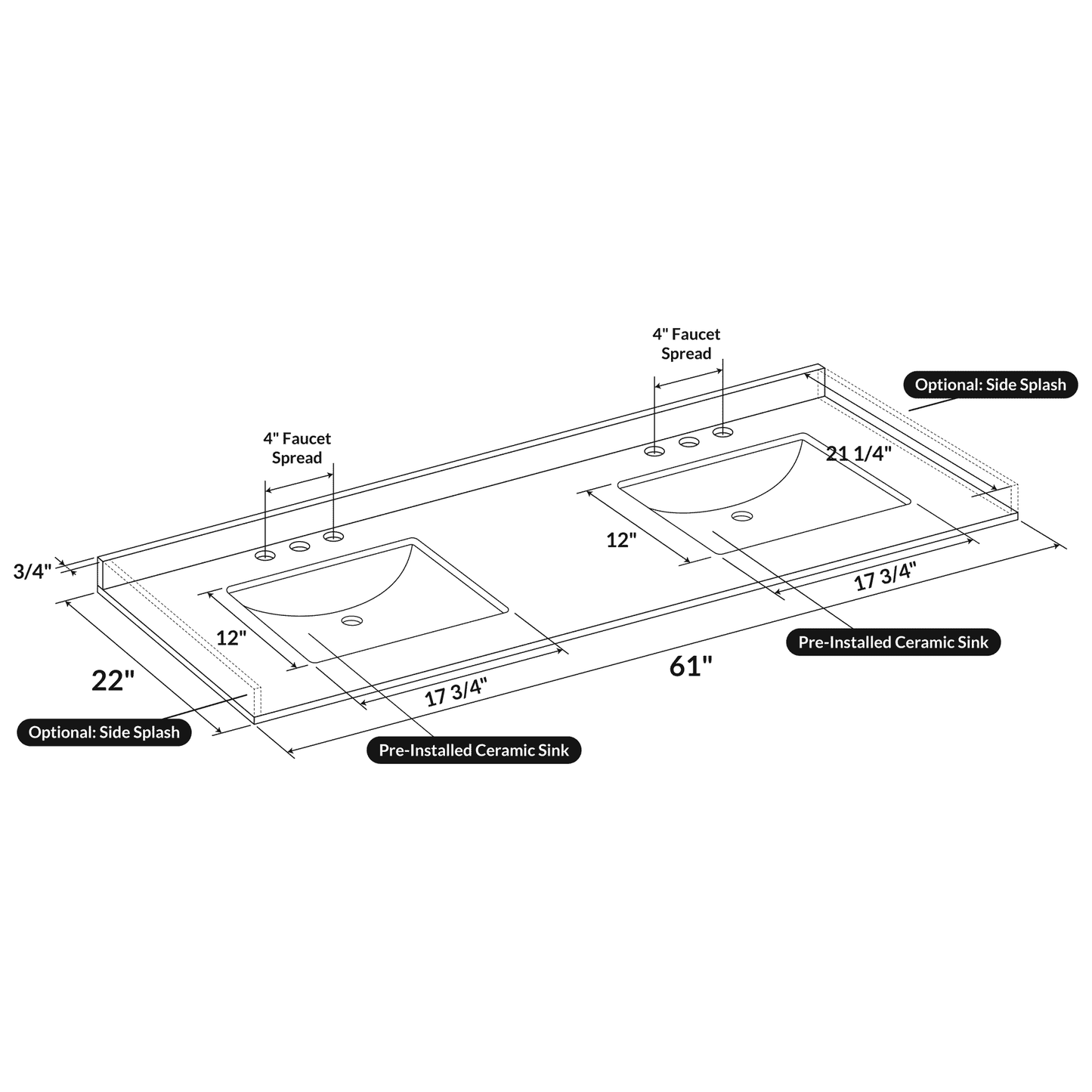 61 W x 22 L Calacatta White Vanity Top with Two Square Sinks - 4 in Faucet Spread - Vanity Tops