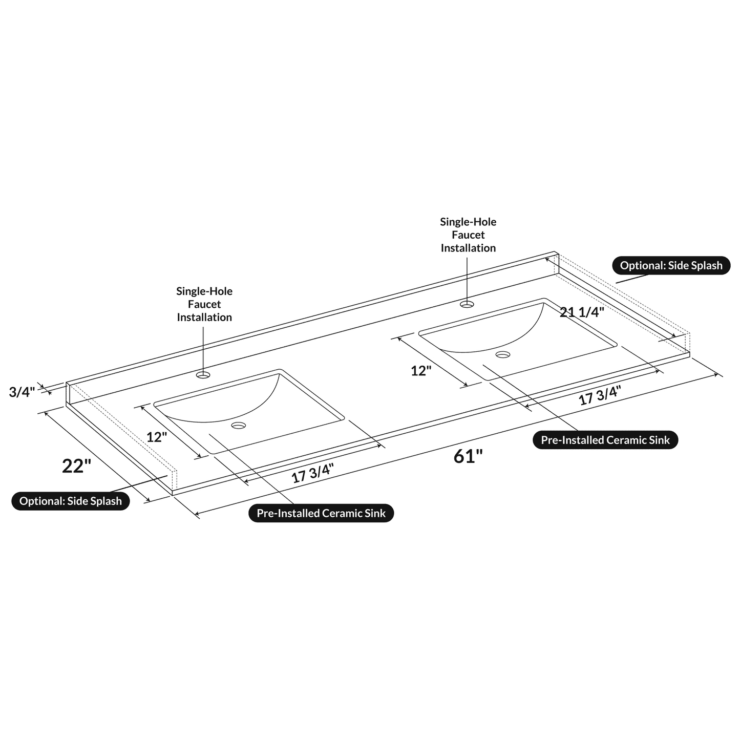 61 W x 22 L Calacatta White Vanity Top with Two Square Sinks - Single Faucet - Vanity Tops