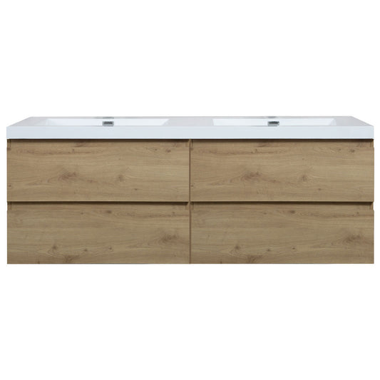 72’’ Wall Mount Double Bathroom Vanity in Oak with White Integrated Double Sink LV13-72D - Bathroom Vanities