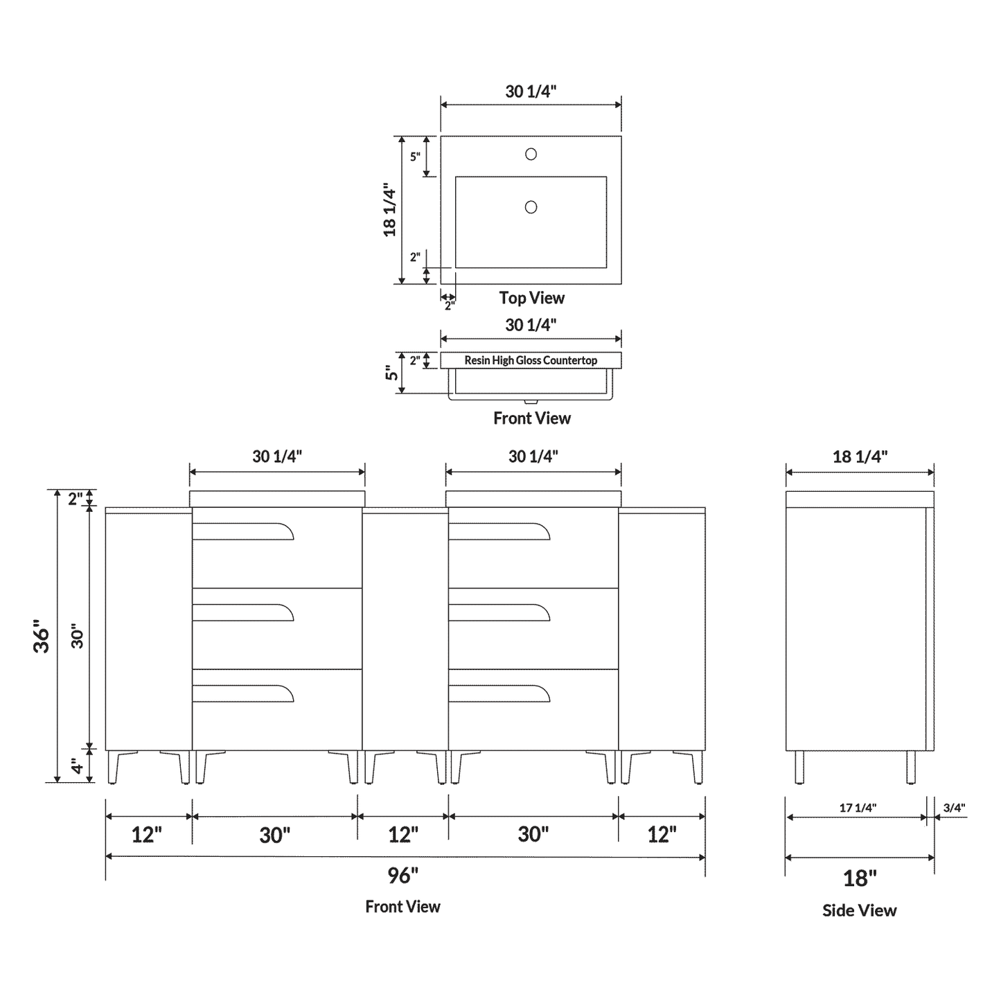 96’’ Freestanding Vanity Set in White Gloss with Two Square Sinks (LV7-C20B-96W) Style 7 - Bathroom Vanities