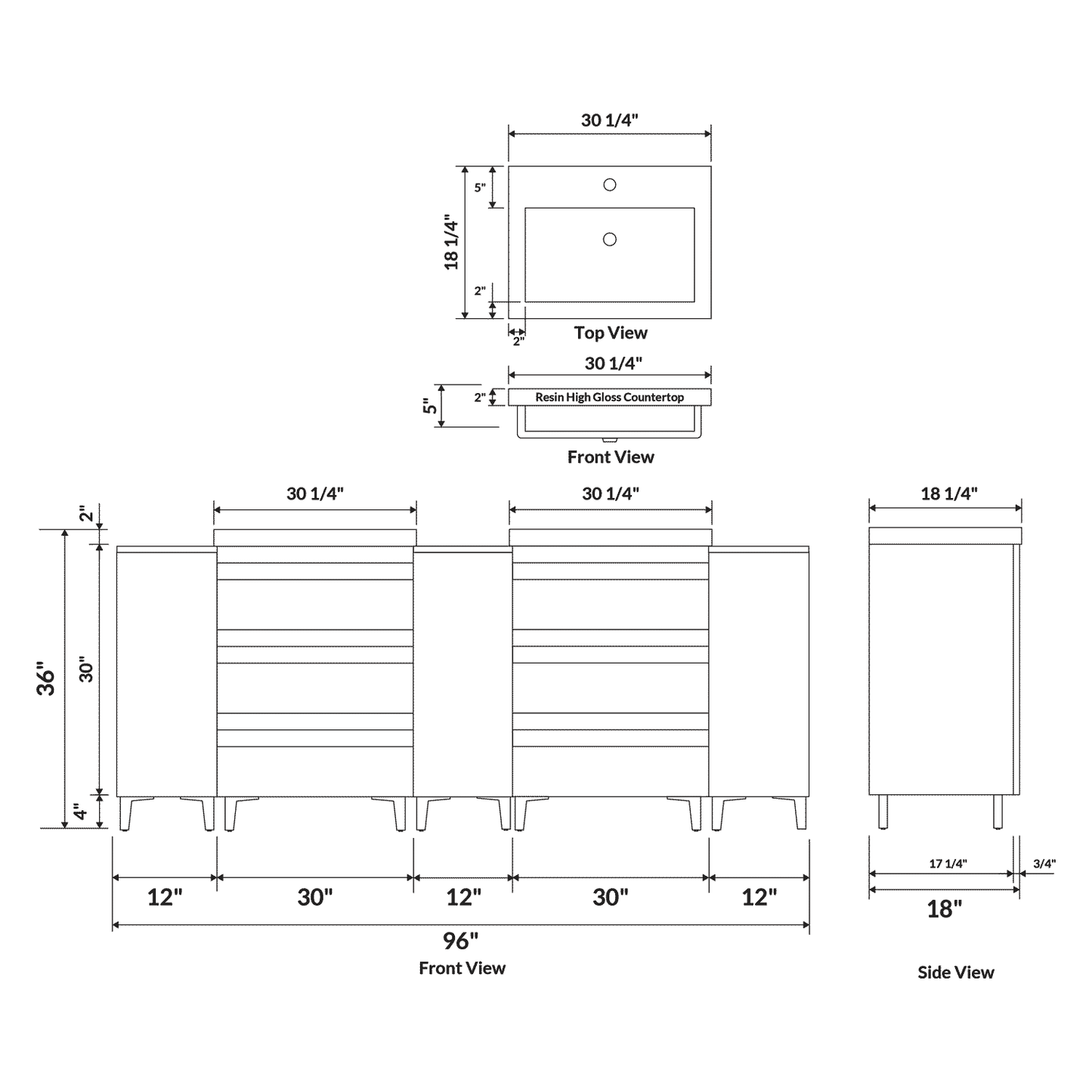96’’ W Freestanding White Vanity Set with Two Sinks (LV8-C20B-96W) Style 8 - Bathroom Vanities
