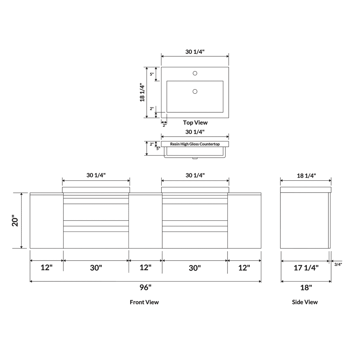 96’’ W Wall-Mount White Vanity Set with Two Sinks (LV8-C20W-96W) Style 8 - Bathroom Vanities