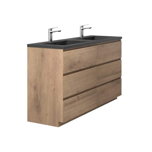 60" Freestanding Double Bathroom Vanity in Oak with Black Quartz Integrated Sink