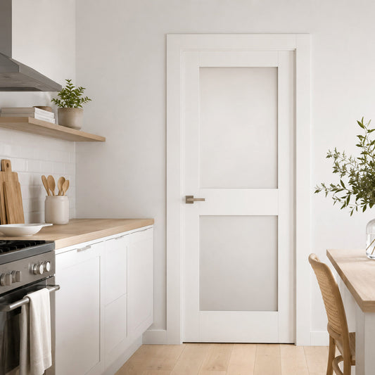 30 in x 80 in White 2-Panel Shaker Solid Core Primed MDF Prehung Interior Door