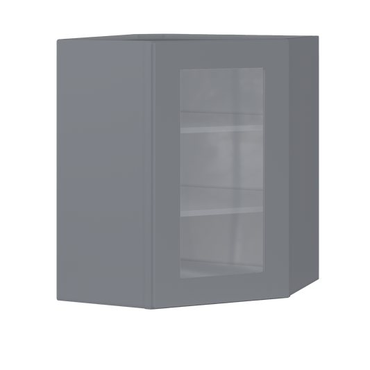 Frosted Glass Diagonal Corner Wall Kitchen Cabinet DCMD2430 Colonial Gray LessCare 24 in. width 30 in. height 12 in.