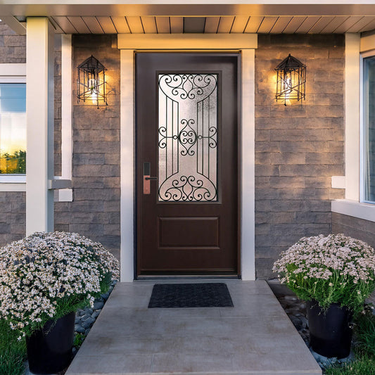 Jupiter 36 in. x 80 in. 3/4 Lite Decorative Glass Stained Dark Walnut Prehung Fiberglass Exterior Door with Brickmold