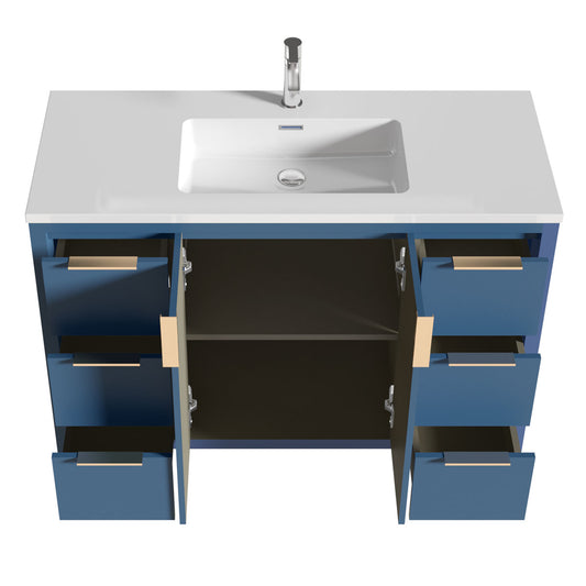 48" W Freestanding Single Bathroom Vanity in Blue with White Quartz Integrated Sink LV14-48B