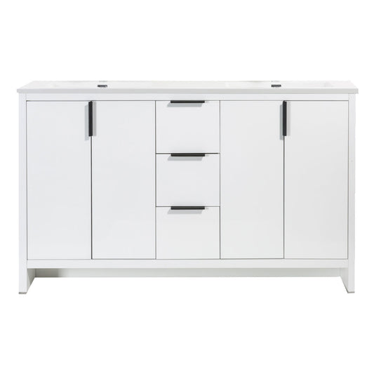 60" W Freestanding Double Bathroom Vanity in White Gloss with Quartz Integrated Sink LV14-60W