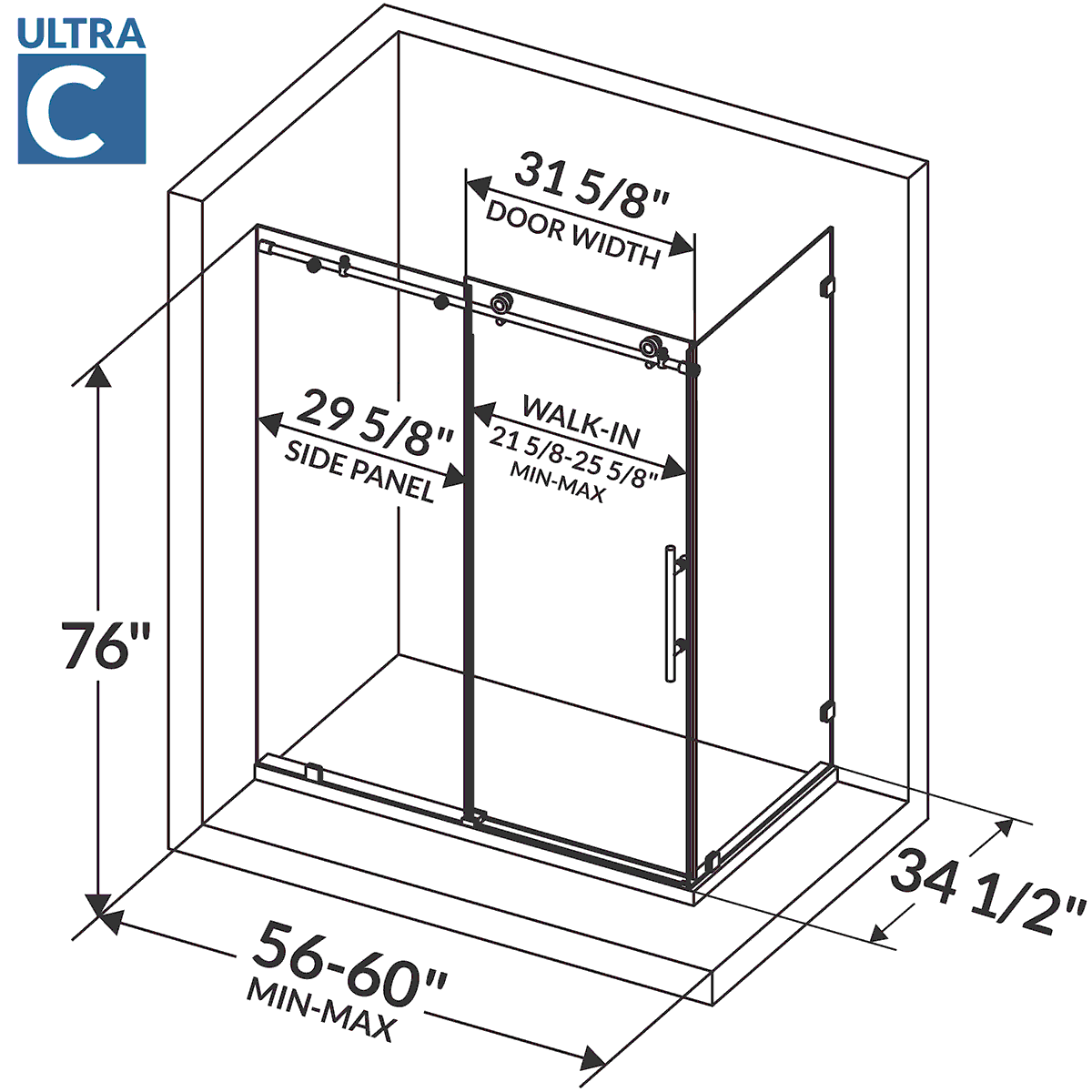 56-60 W x 76 H x 34 1/2 D Sliding Frameless Shower Enclosure ULTRA-C with Clear Glass in Matte Black