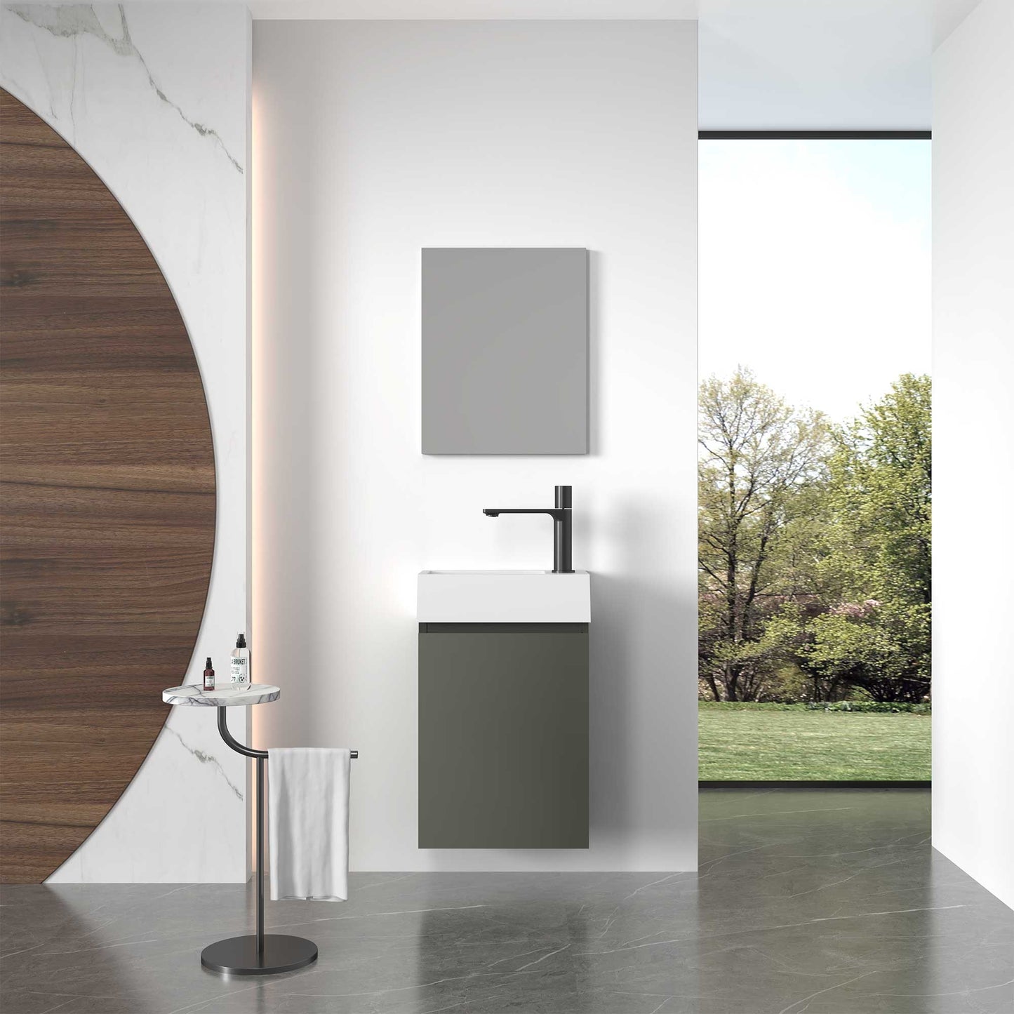 16’’ Wall Mount Single Bathroom Vanity in Gray with White Integrated Sink and Mirror - Bathroom Vanities