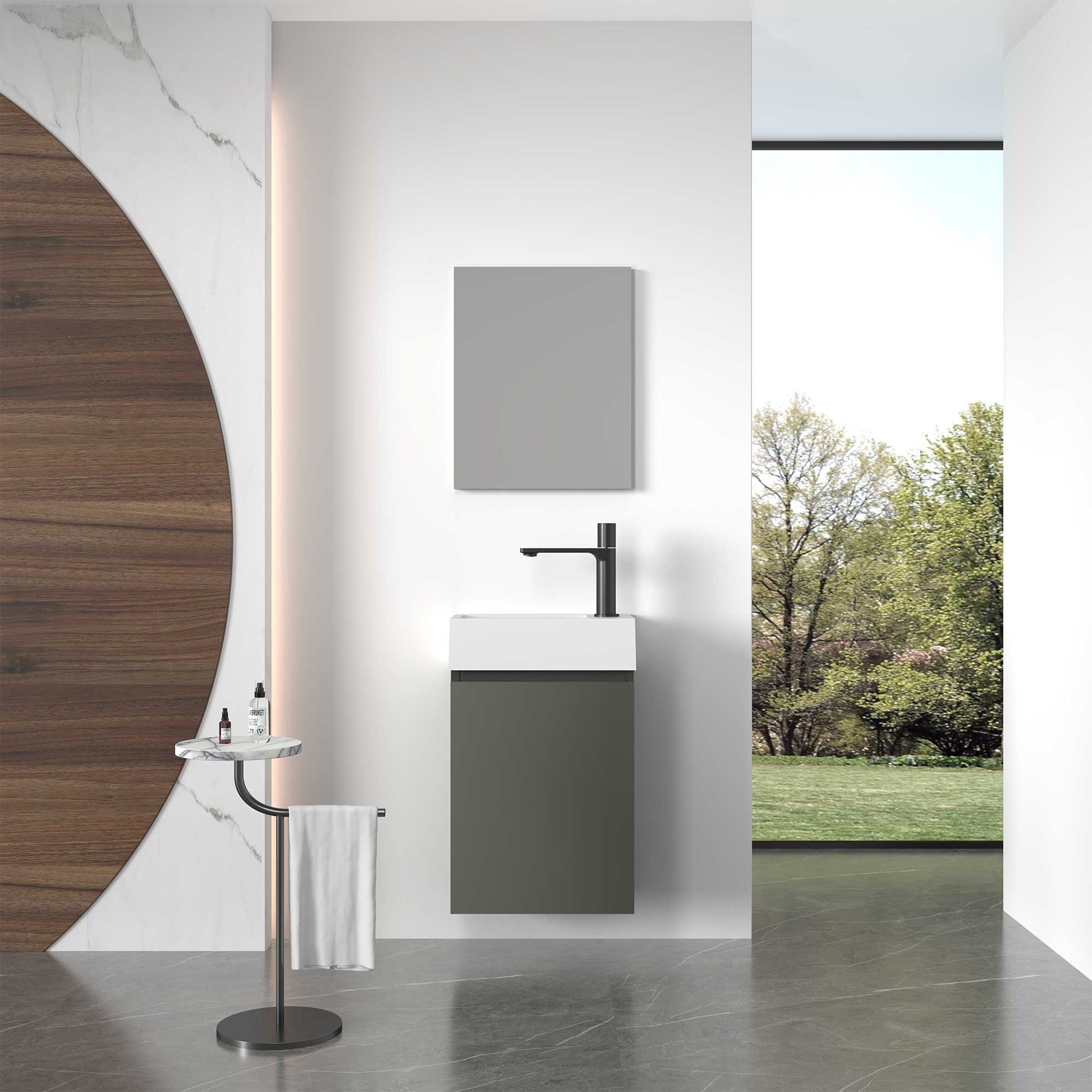 16’’ Wall Mount Single Bathroom Vanity in Gray with White Integrated Sink and Mirror - Bathroom Vanities