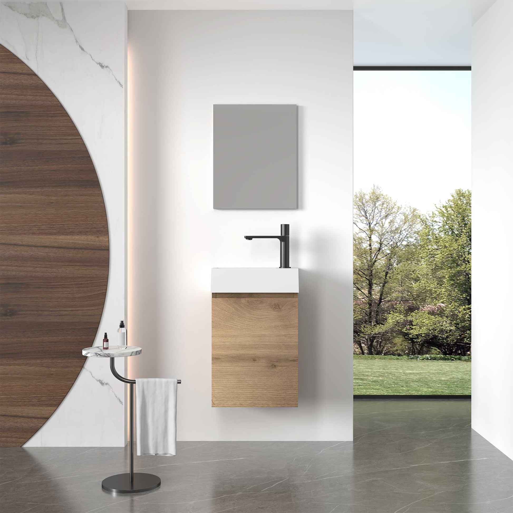 16’’ Wall Mount Single Bathroom Vanity in Oak with White Integrated Sink and Mirror - Bathroom Vanities