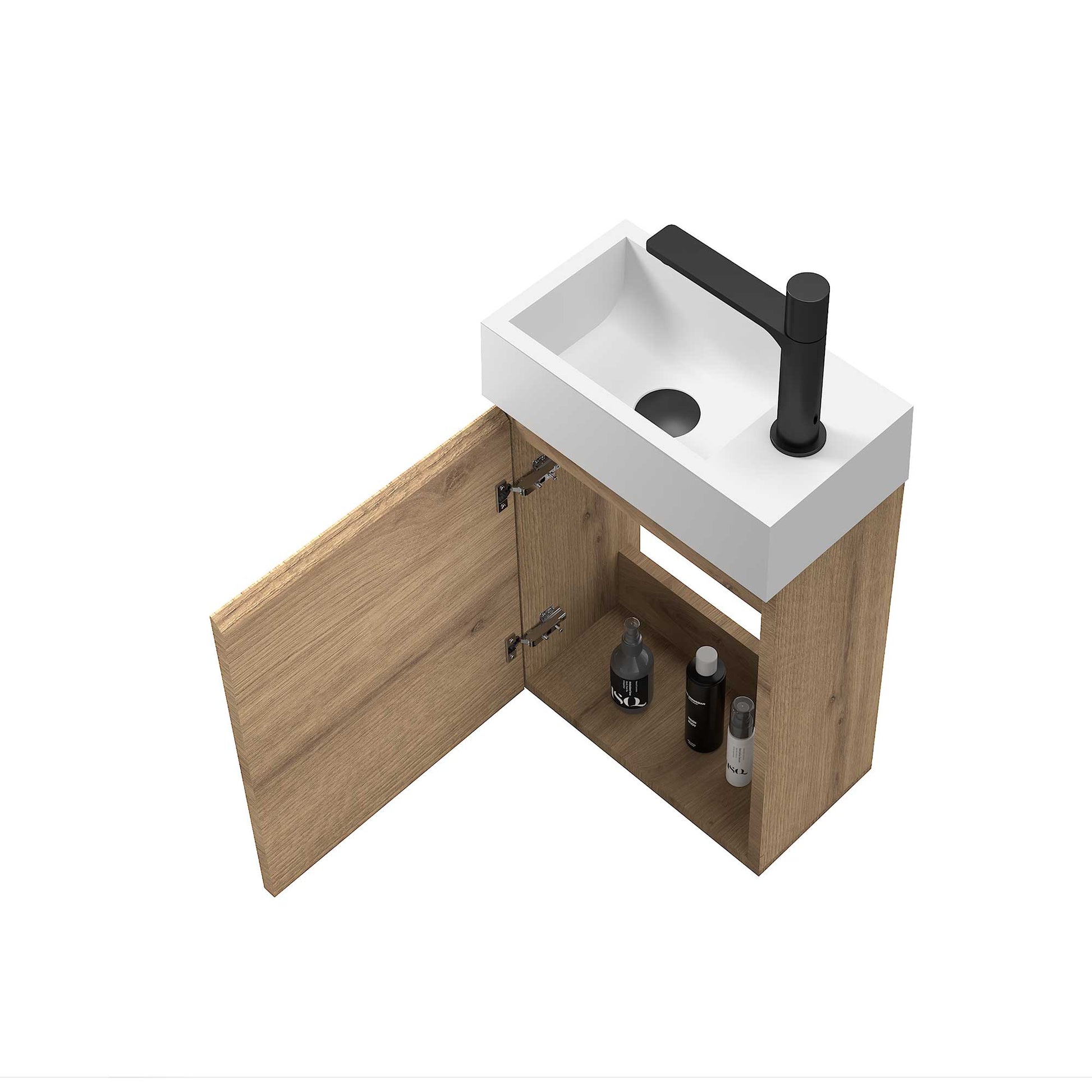 16’’ Wall Mount Single Bathroom Vanity in Oak with White Integrated Sink and Mirror - Bathroom Vanities