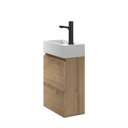 16’’ Wall Mount Single Bathroom Vanity in Oak with White Integrated Sink and Mirror - Bathroom Vanities