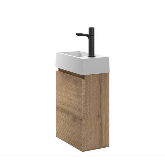 16’’ Wall Mount Single Bathroom Vanity in Oak with White Integrated Sink and Mirror - Bathroom Vanities