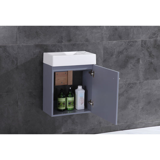 17.5’’ Wall Mount Single Bathroom Vanity in Gray with White Integrated Sink and Mirror LV10-17G - Bathroom Vanities