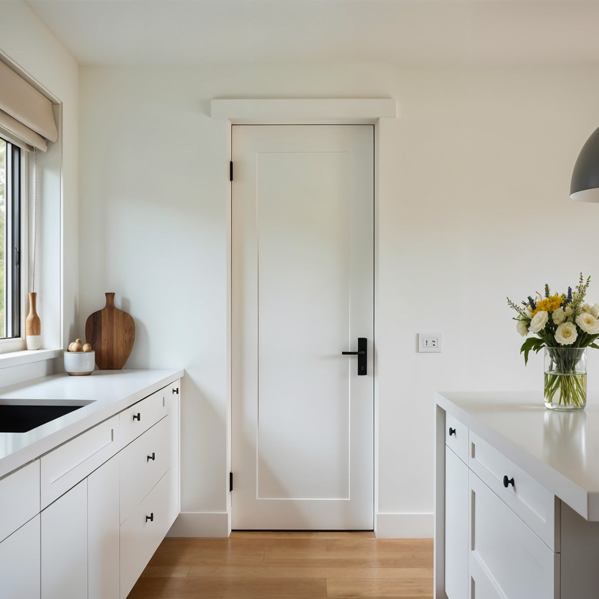 18 in. x 80 in. 1-Panel Shaker Solid Core Primed White MDF Prehung Interior Door with Black Hinges - Interior Doors