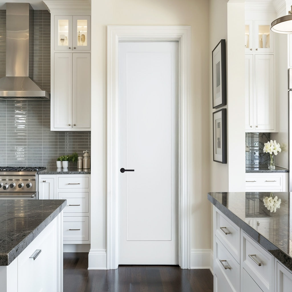 18 in. x 80 in. 1-Panel Shaker Solid Core Primed White MDF Prehung Interior Door with Black Hinges - Interior Doors