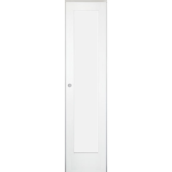 18 in. x 80 in. 1-Panel Shaker Solid Core Primed White MDF Prehung Interior Door with Black Hinges - Right-Handed