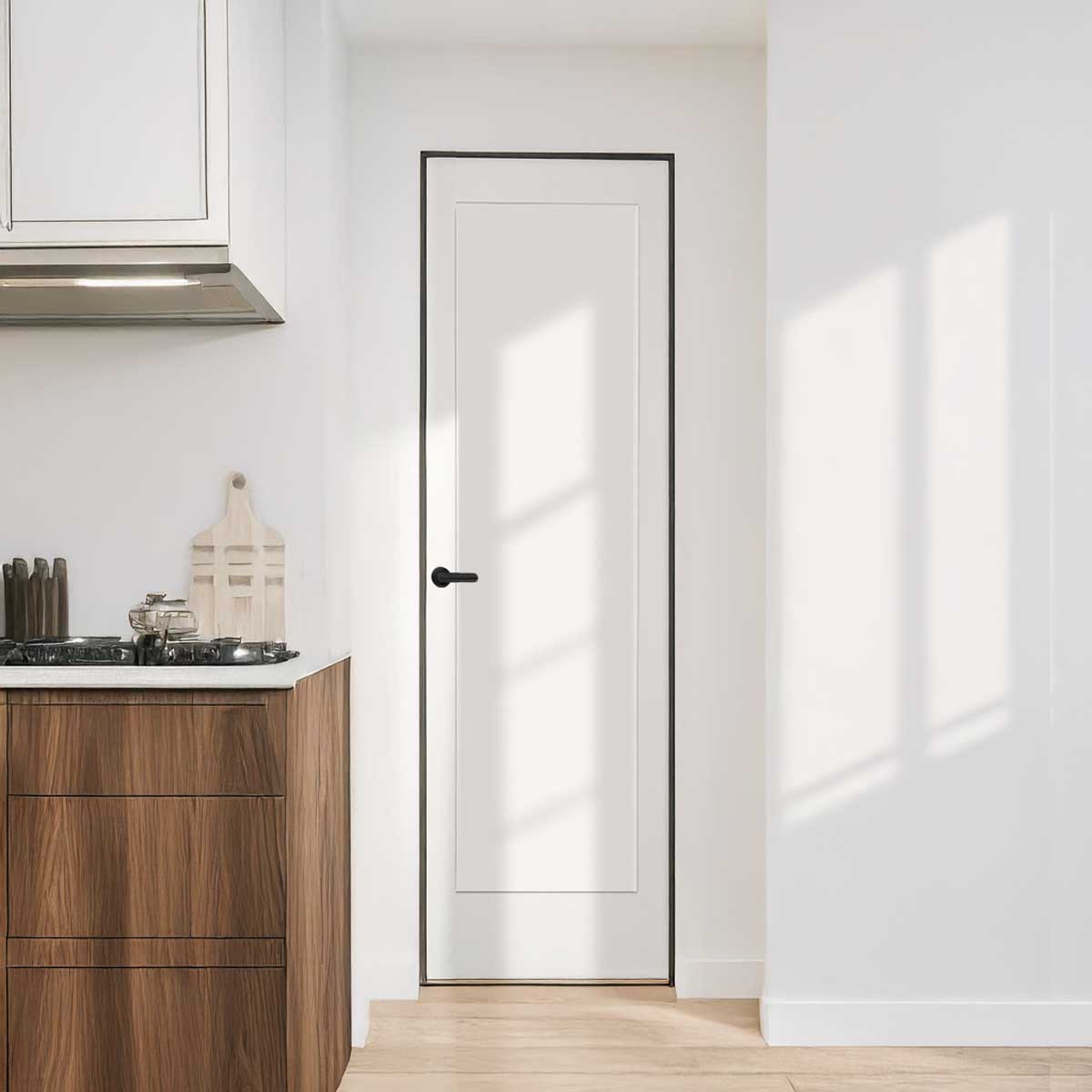 18 in. x 80 in. 1-Panel Shaker Solid Core Primed White MDF Prehung Interior Door with Black Hinges - Interior Doors