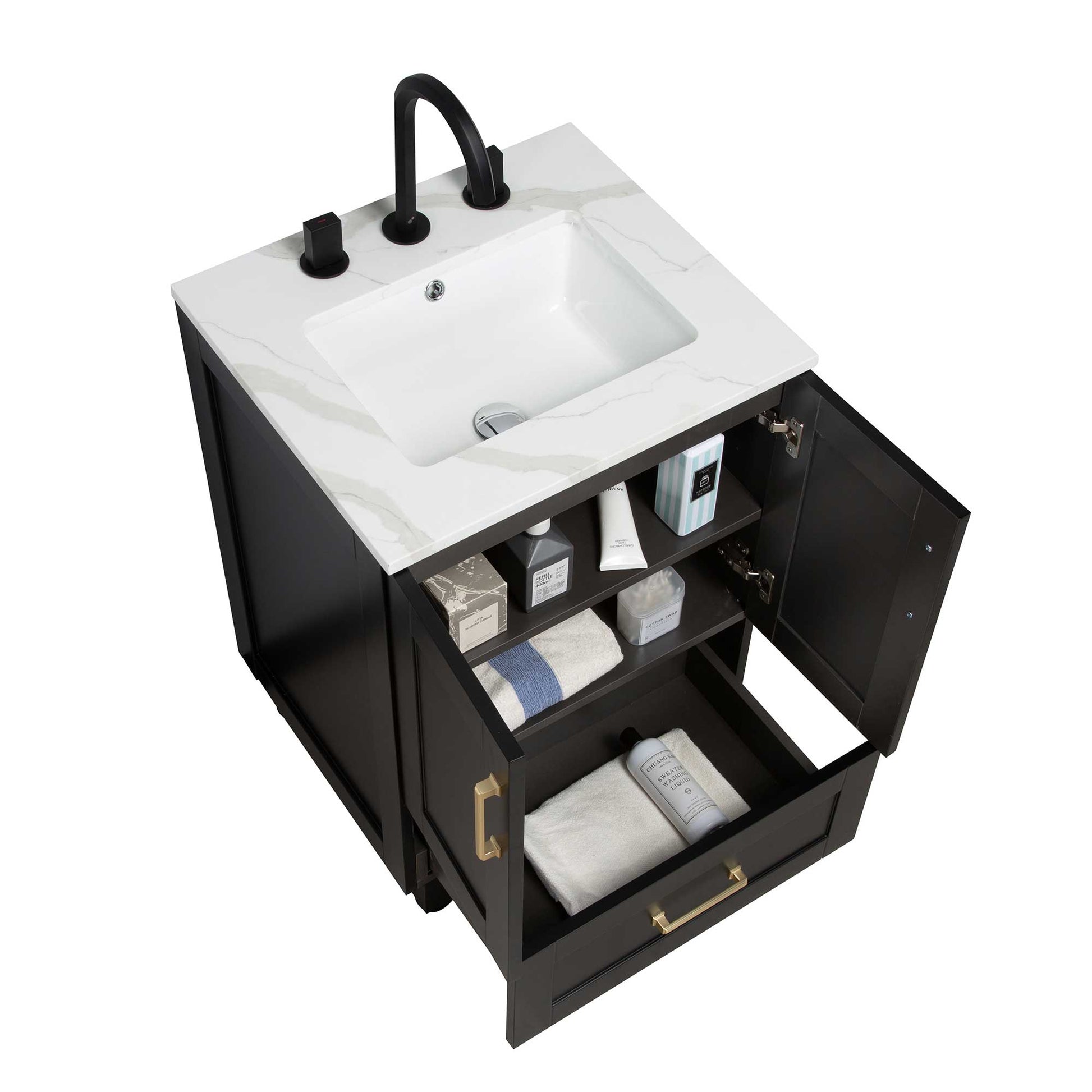 24’’ Freestanding Single Bathroom Vanity in Black with Quartz Stone Countertop - Bathroom Vanities