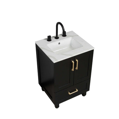 24’’ Freestanding Single Bathroom Vanity in Black with Quartz Stone Countertop - Bathroom Vanities