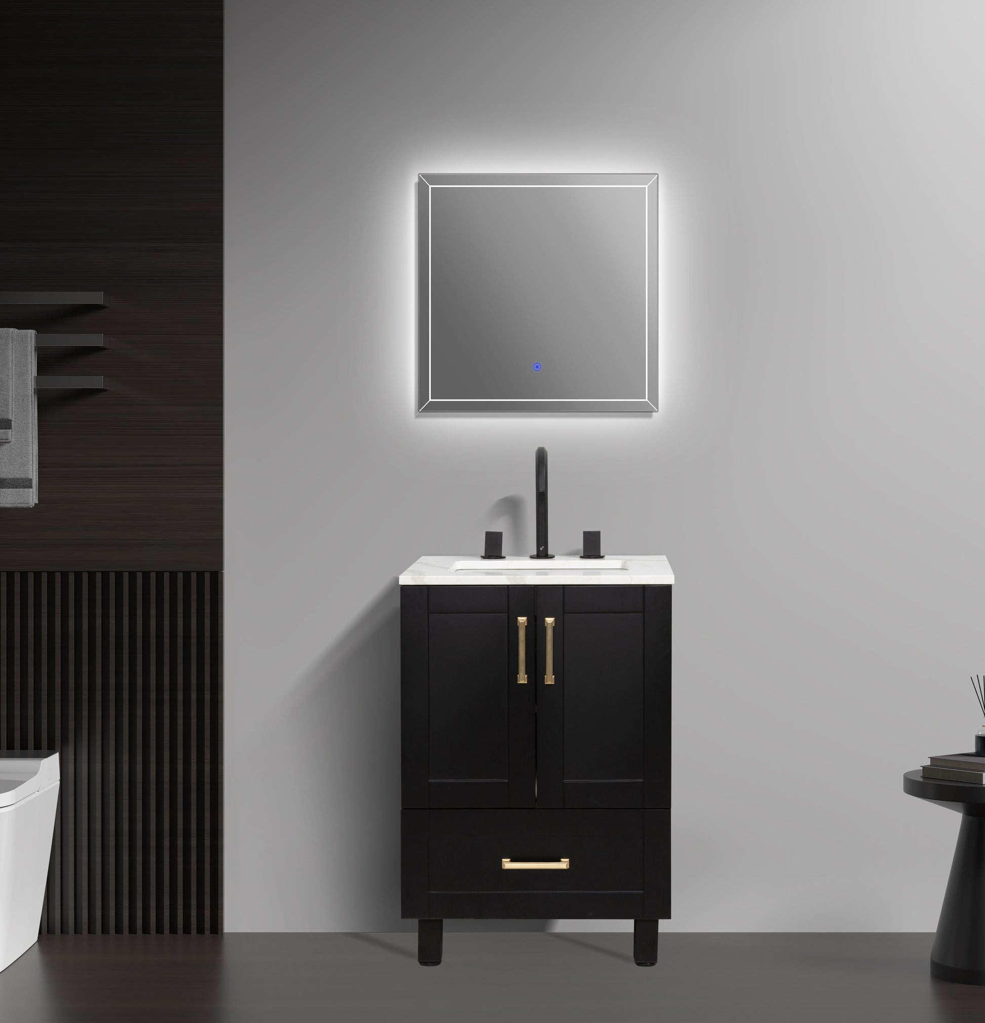 24’’ Freestanding Single Bathroom Vanity in Black with Quartz Stone Countertop - Bathroom Vanities