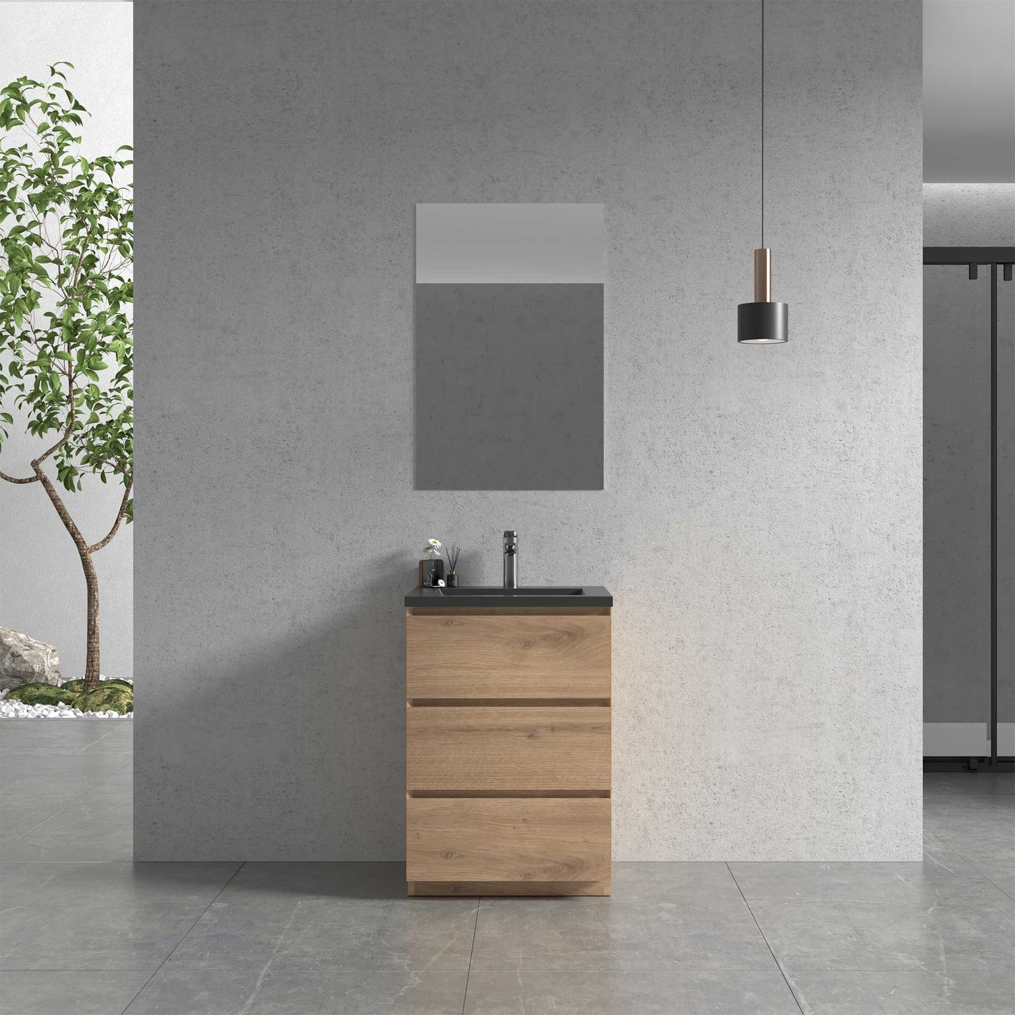 24’’ Freestanding Single Bathroom Vanity in Oak with Black Quartz Integrated Sink - Bathroom Vanities